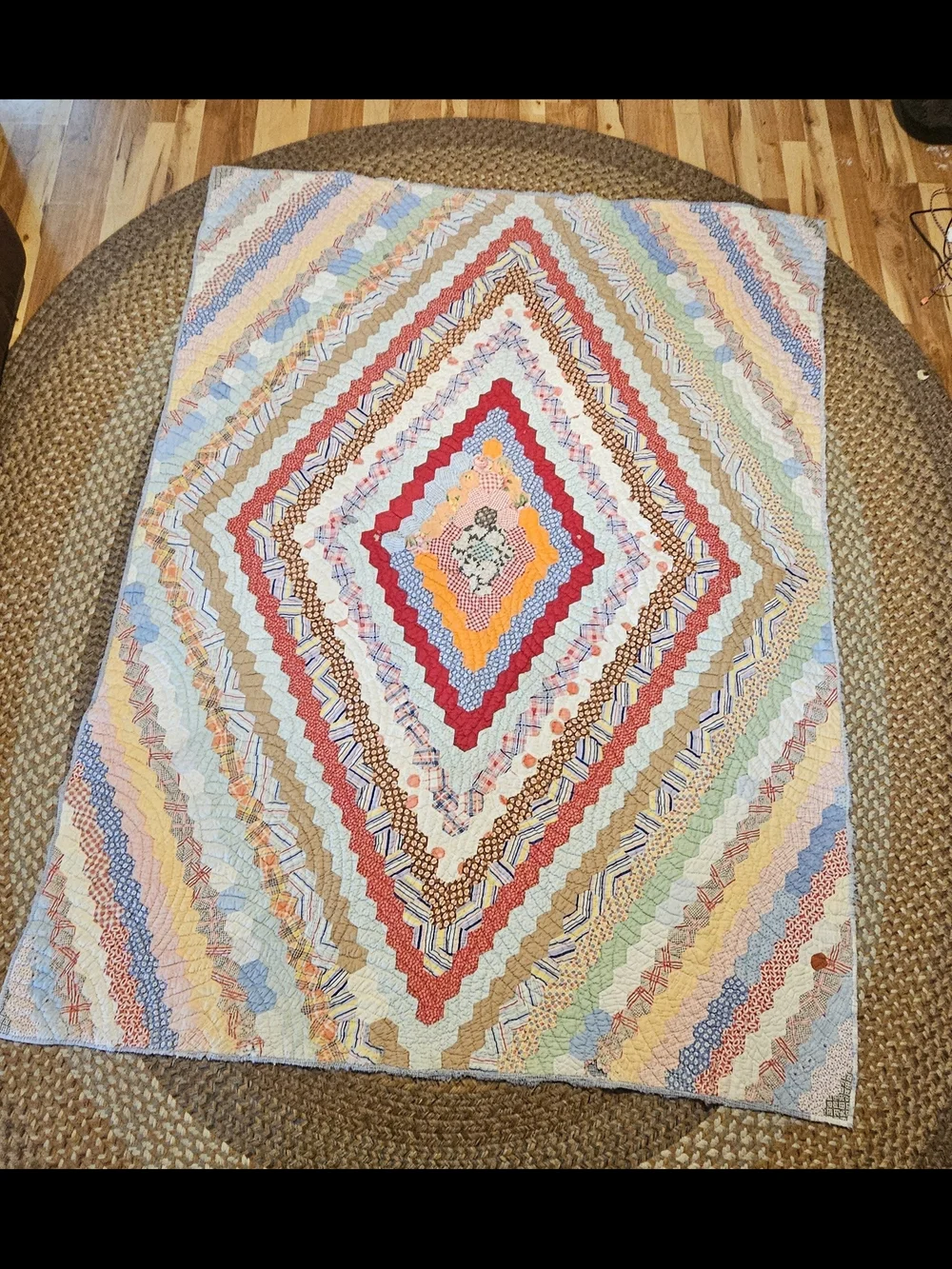 Vintage Patchwork Quilted Bedspread in Red, Blue, Yellow